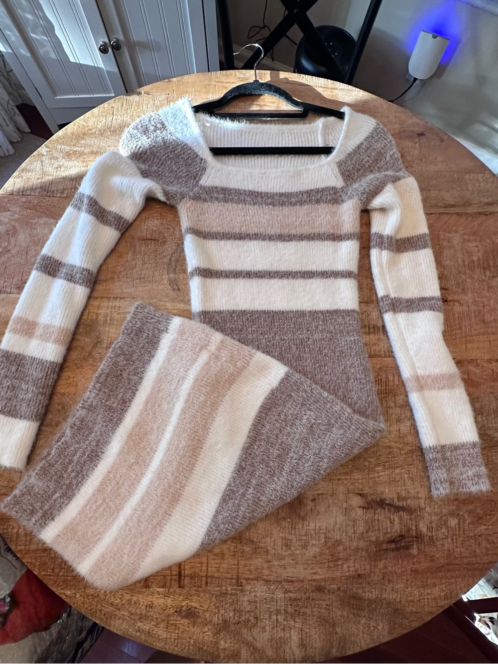 SHEIN Cream and Light Brown Striped Scoop Neck Sweater Dress